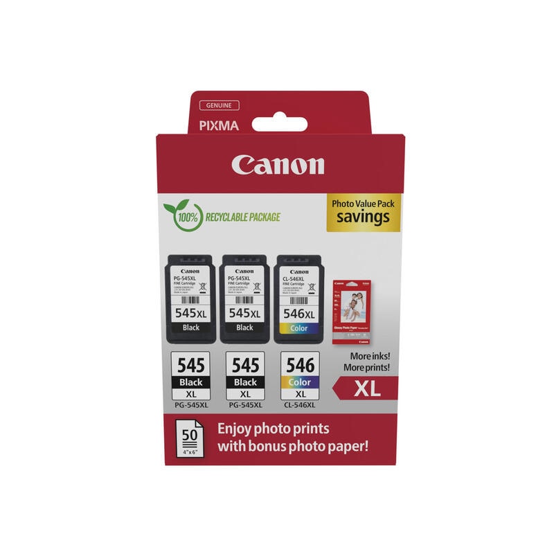 Canon Pg-545Xl/Cl-546Xl Multipack di 3 cartucce d'inchiostro originali + 50 fogli di carta fotografica - 8286B015