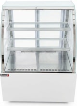 thumbnail of Romux® Kühlvitrine für Konditorei Standgerät 2 Böden Gebogenes Glas Weiß 300 Liter Umluftkühlung | Professionelle Vitrinen