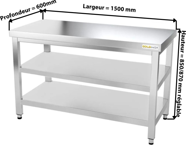 Table de travail en inox 1500 x 600 mm avec 2 étagères PREMIUM ...