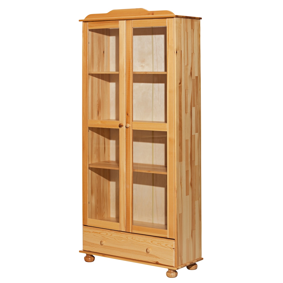 Möbilia Vitrine | 2 Türen mit Glaseinsatz, 1 Schubladen | Kiefer-Holz massiv | B 85 x T 35 x H 189 cm | natur | 19020026 | Serie VITRINE