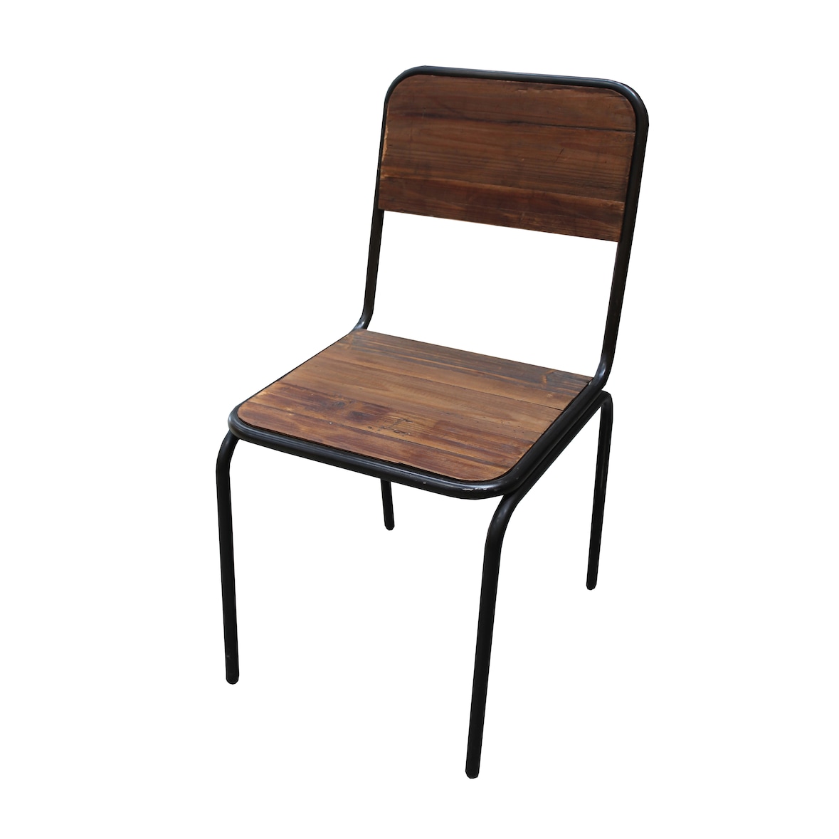 Chaise industrielle fer et bois, cirée, dossier plein -  L45 X P51 X H86, assise 45 cm