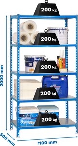 thumbnail of SimonRack Estantería Metálica, 2000x1100x500 mm, 5 Alturas, Bandeja Metal, 200 kg de Punto Flexión, Azul/Galva - Simonclick