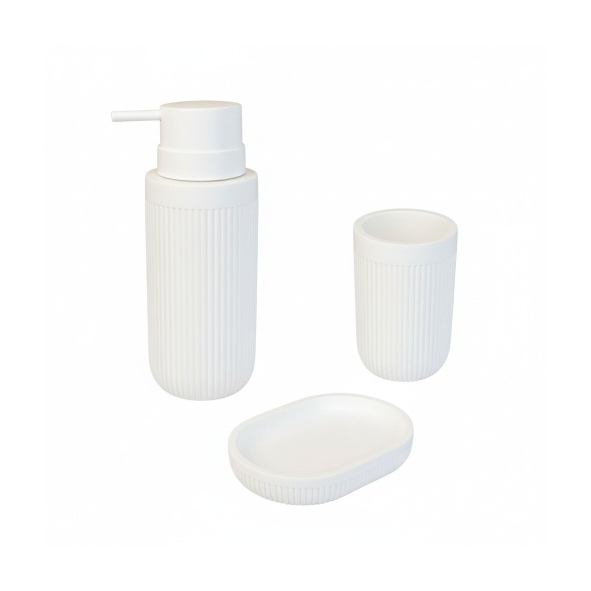 Relaxdays Bad Accessoires, 3-teilig, Seifenschale, Seifenspender, Zahnputzbecher, Polyresin, Bad Zubehör Set, weiß