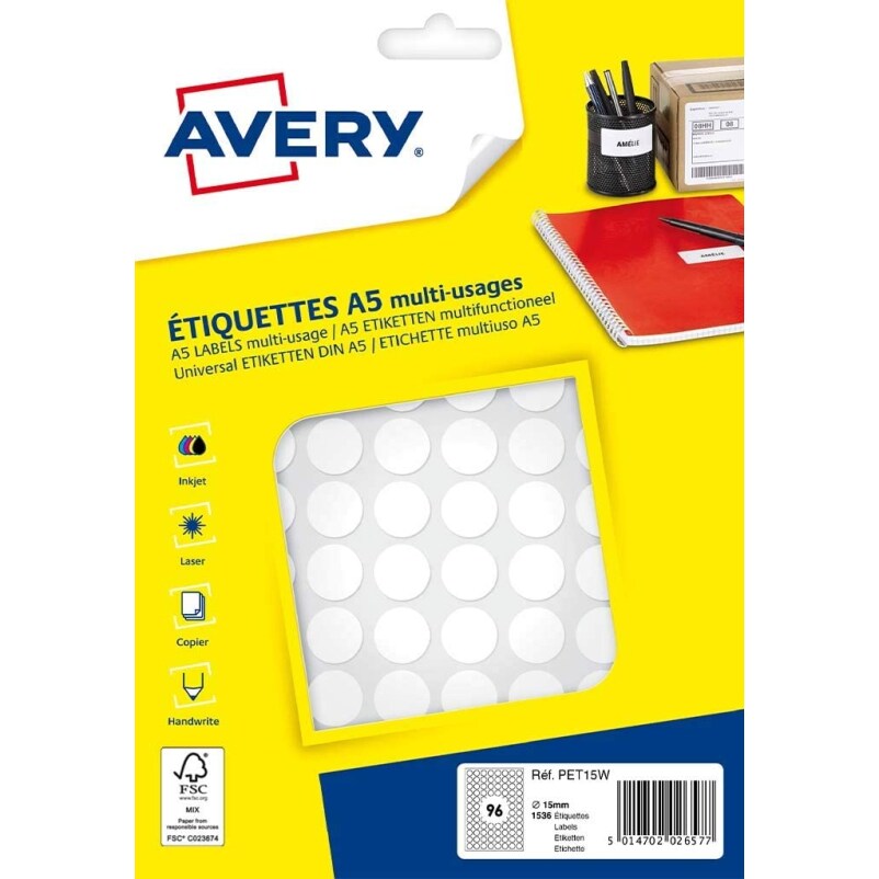 Lot de 5 Etui de 1536 pastilles adhésives, diamètre 15 mm, coloris blanc (16 feuilles / cdt)