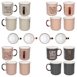 thumbnail of 4er Set XL Kaffeebecher 700ml Jumbobecher Steingut Sprüche Rosa Braun Grau
