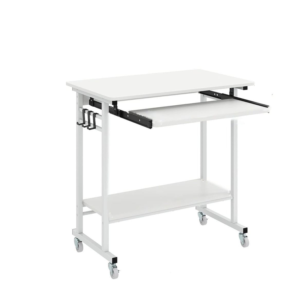 COSTWAY Escritorio con ruedas, bandeja para teclado, escritorio para ordenador que ahorra espacio, mesa para PC con estante inferior y ganchos.