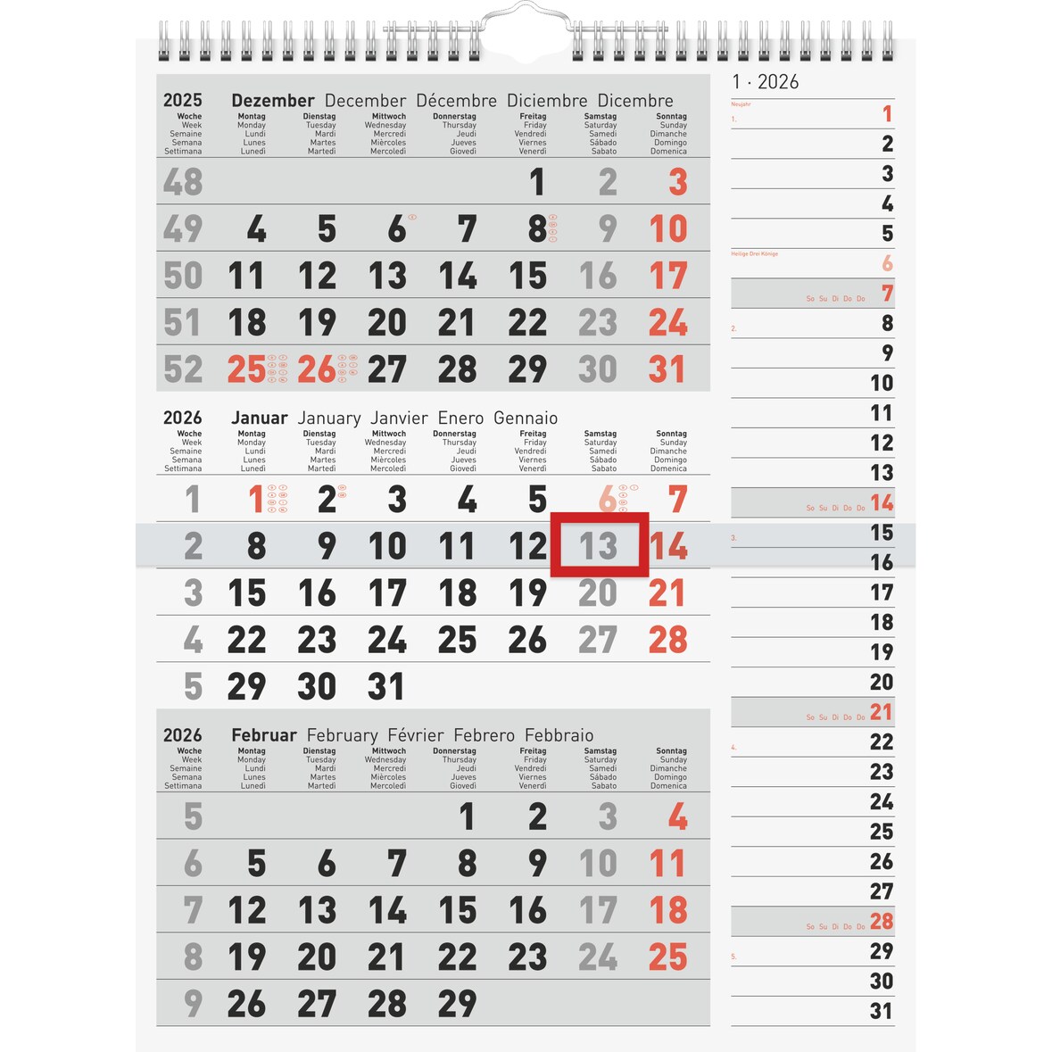 2026 Rido 3-Monatskalender grau 300×390 mm