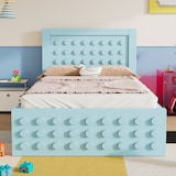 thumbnail of Einzelbett 90x200 aus Massivholz mit Stauraum und Schublade, Holzbett im kreativen Blockdesign, stabiles Bett mit Lattenrost, modernes Design Blau