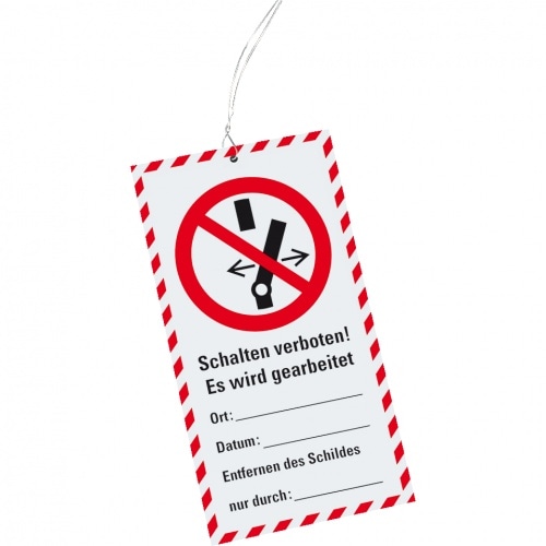 Wartungsanhänger Schalten verboten, Kunststoff, 76x147mm, inkl. Kabelbinder, 10/VE, ASR A1.3, DIN EN ISO 7010 P031