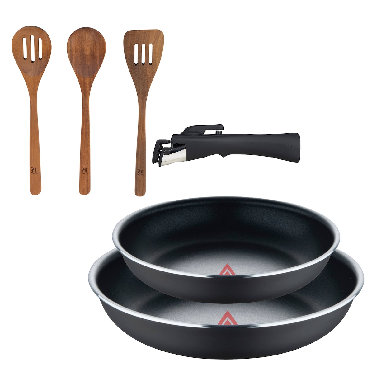 BERGNER - Set aus 2 Pfannen Ø22/26cm gepresstes Aluminium Schwarz mit abnehmbarem Griff mit Set aus 3 Küchenutensilien aus Akazienholz