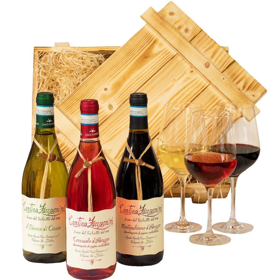 Geschenkset Abruzzo | Weinset mit Holzkiste und 3 ausgezeichneten Weinen (Rot, Weiß, Rosé) aus Italien