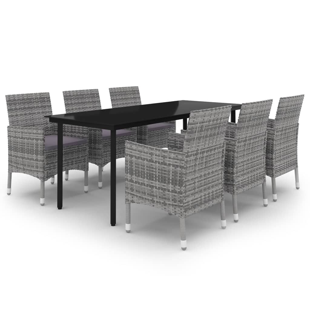 vidaXL 7-tlg. Garten-Essgruppe mit Auflagen Poly Rattan und Glas