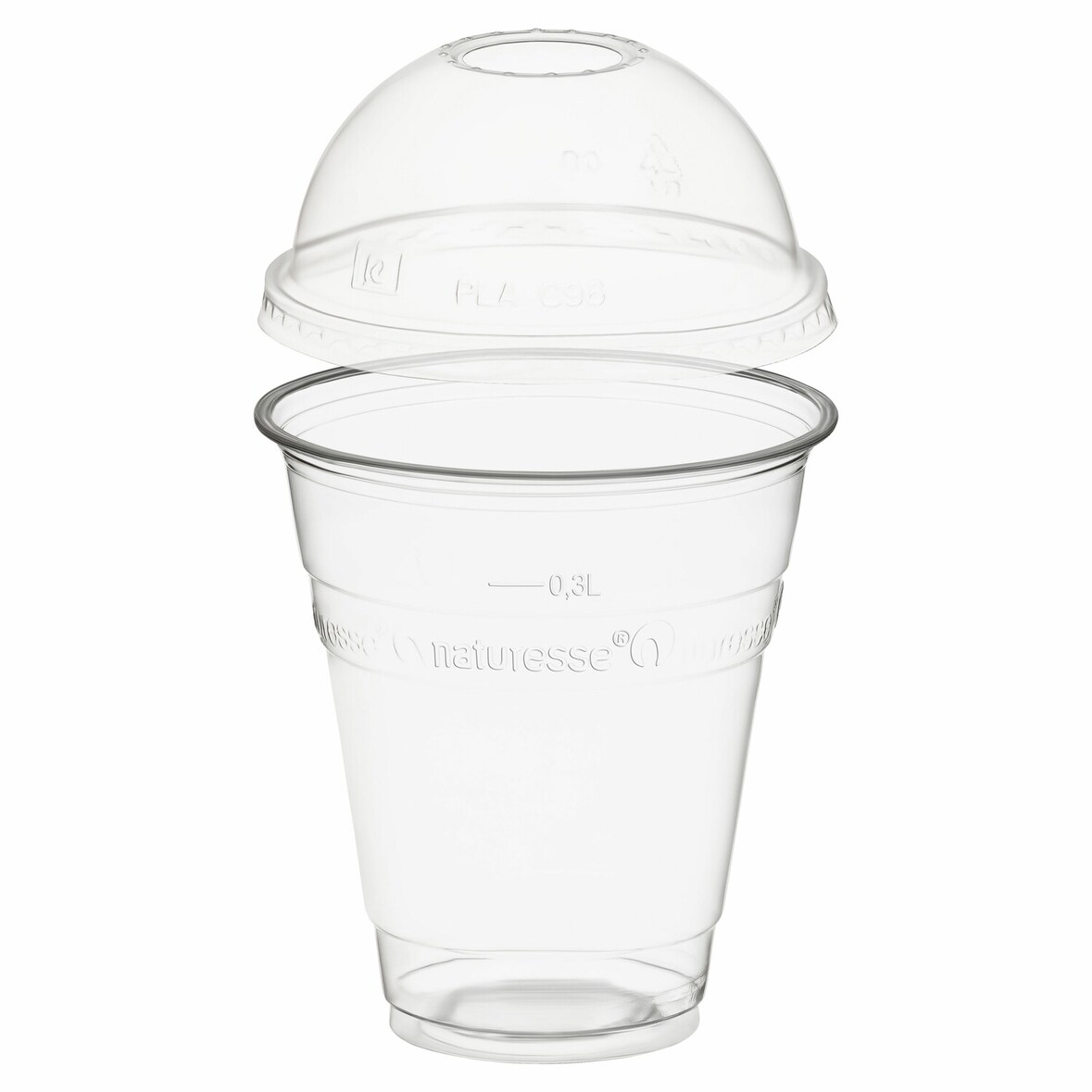 50x BIO Trinkbecher 300ml + Domdeckel mit Rundloch aus Biokunststoff (PLA)