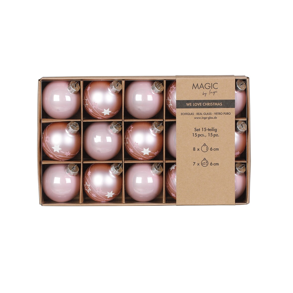 15 Weihnachtskugeln Glas 6cm Glitzer Sterne Motiv Christbaumkugeln Weihnachtsbaumkugeln Christbaumschmuck Weihnachtsbaumschmuck Matt Glanz Hellrosa