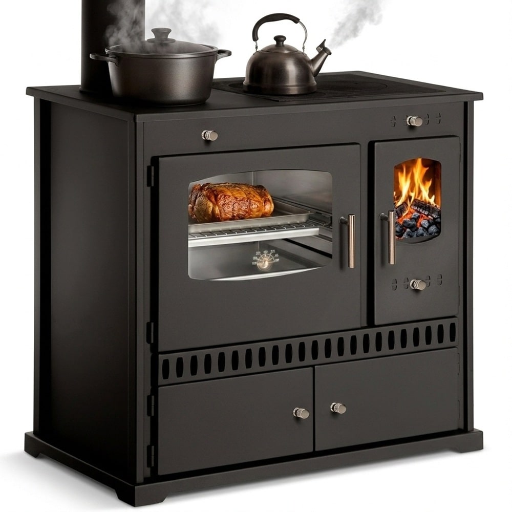 Küchenofen Holzherd P ECO INOX Edelstahlbackfach, linke Version