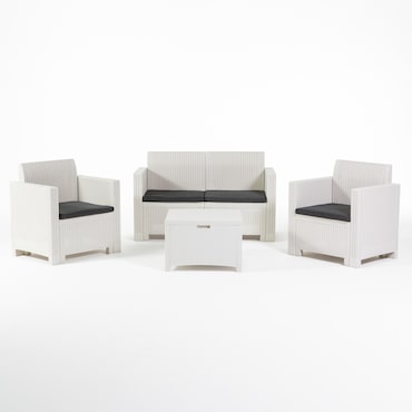 Conjunto de jardín SALINA en resina efecto ratán con cojines desenfundables, compuesto por sofá de dos plazas, dos sillones y mesa contenedor – Blanco