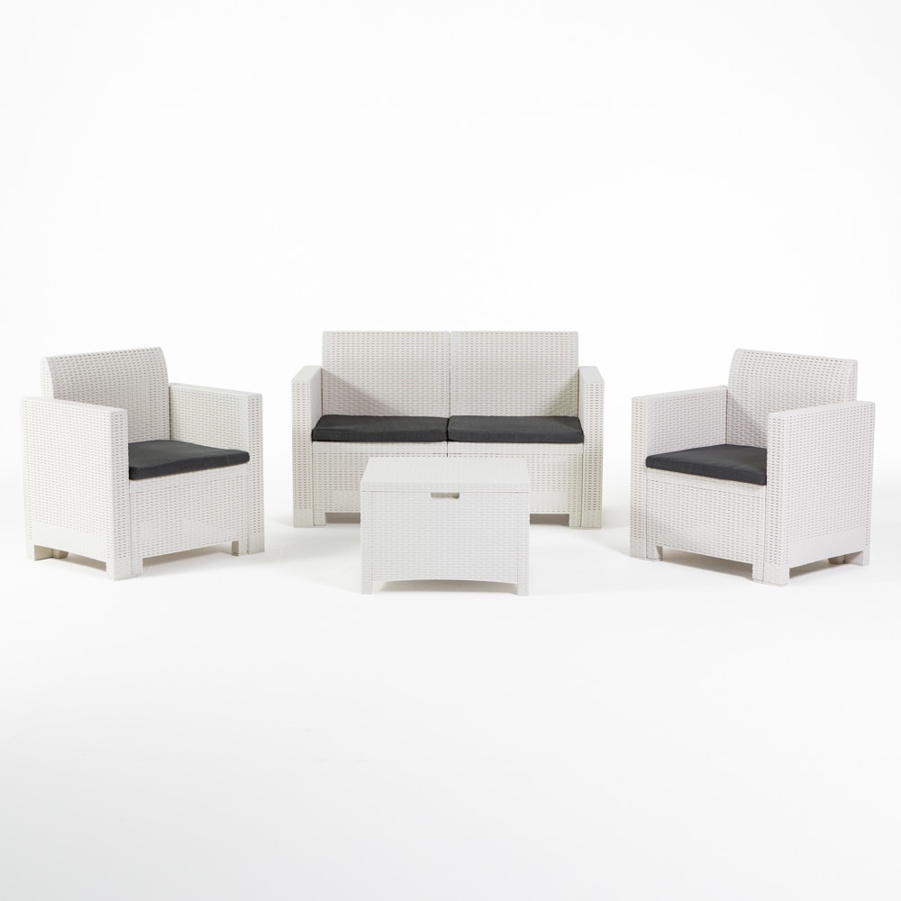 Conjunto de jardín SALINA en resina efecto ratán con cojines desenfundables, compuesto por sofá de dos plazas, dos sillones y mesa contenedor – Blanco