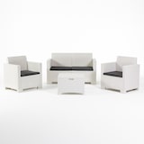 thumbnail of Conjunto de jardín SALINA en resina efecto ratán con cojines desenfundables, compuesto por sofá de dos plazas, dos sillones y mesa contenedor – Blanco