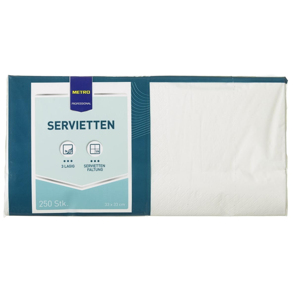 METRO PROFESSIONAL Cellulose servetten, 33 x 33 cm, 1/4 vouw, 3-laags, wit, 250 stuks