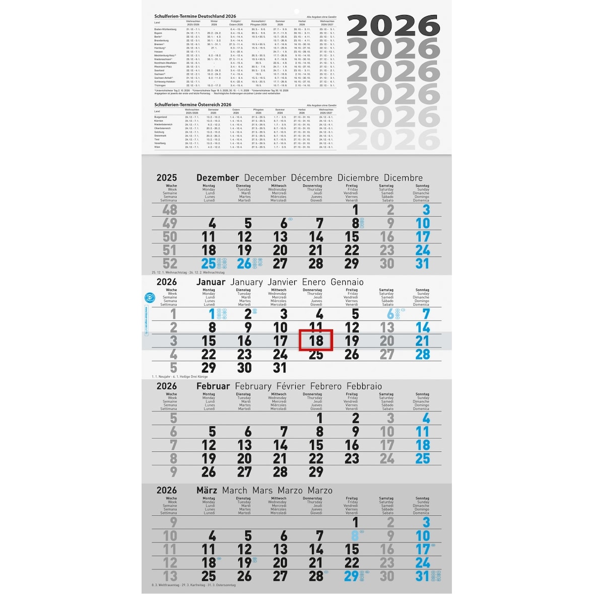 4-Monatskalender 4 Monate/1 Seite 30x59cm UWS 2026.