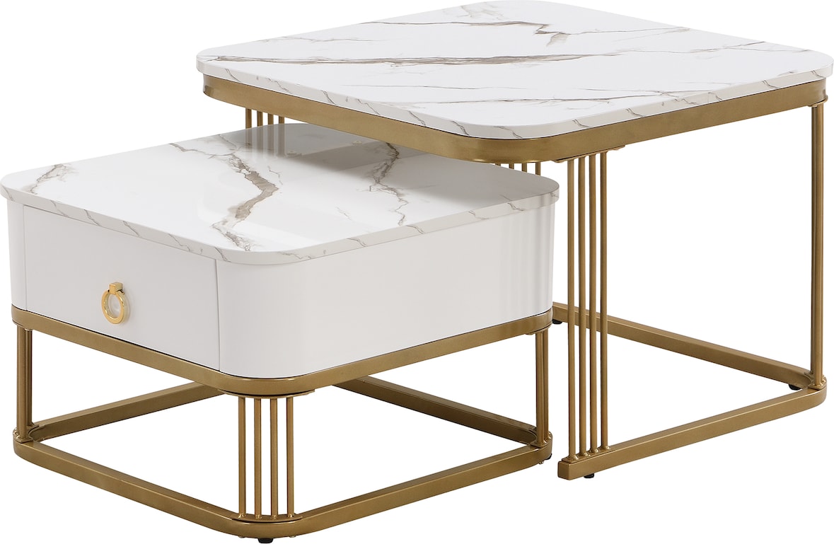Merax Couchtisch Set Marmoroptik mit Schublade, Beistelltisch hochglanz, Satztisch,Wohnzimmertisch, Gold | Weiß