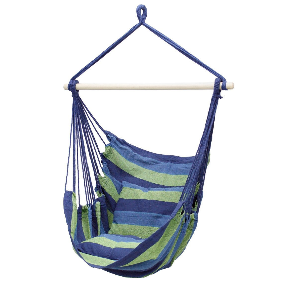 ECD Germany Hängesessel Blau-Grün mit 2 Kissen – Baumwoll Hängestuhl mit Hartholz-Querstab, bis 120 kg, Indoor & Outdoor geeignet, Boho Hängesitz