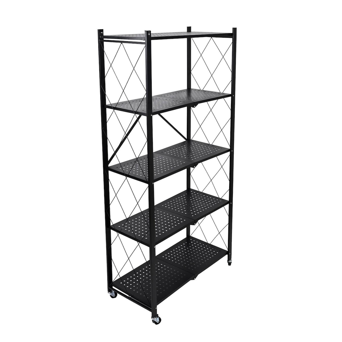 WellHome - Estantería de Almacenaje PLEGABLE de 5 Estantes con Ruedas en color Negro - 71×34×160 cm