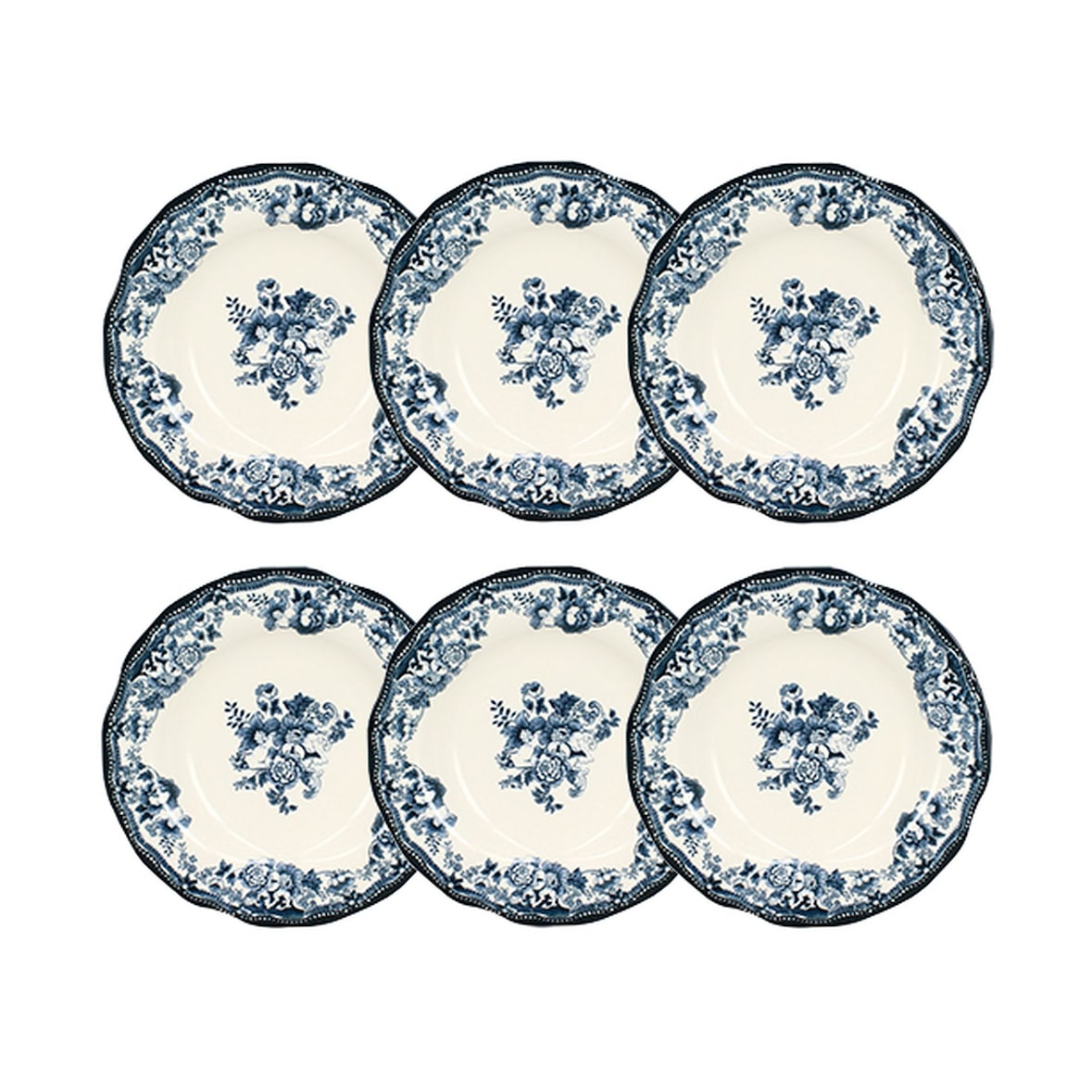 Novastyl - Lot 6 Assiettes Creuses En Porcelaine Bleu Faustine 22cm