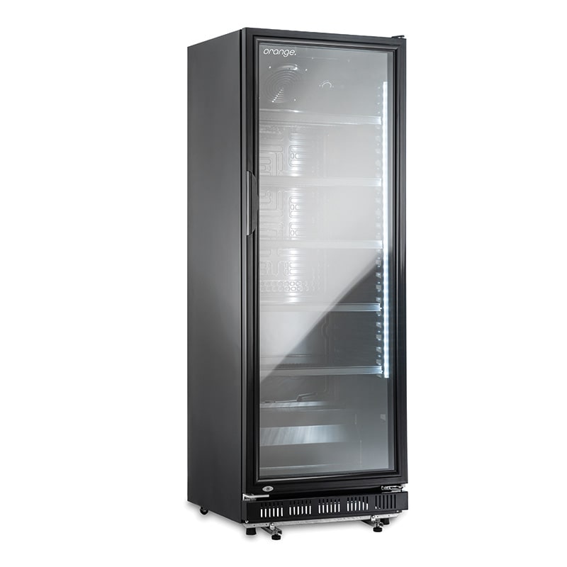 orange 360L Getränkekühlschrank (Flaschenkühlschrank) mit Glastür. Abschließbar. Komplett schwarz. Freistehender Getränkekühlschrank.