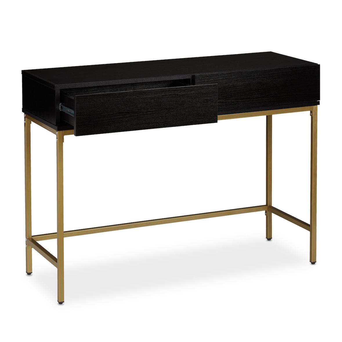 Relaxdays Konsolentisch, 2 Schubladen, Sideboard Flur, Wohnzimmer, Ablagetisch Holzoptik, HBT 80x110x40 cm, schwarz/gold