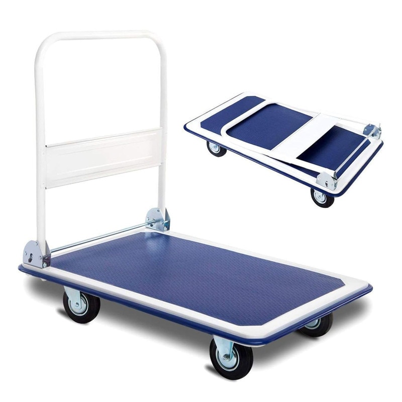 Carro DASCK Plataforma de Carga Plegable con Ruedas – 150 kg – Acero Reforzado – Compacto y Robusto – Azul/Blanco