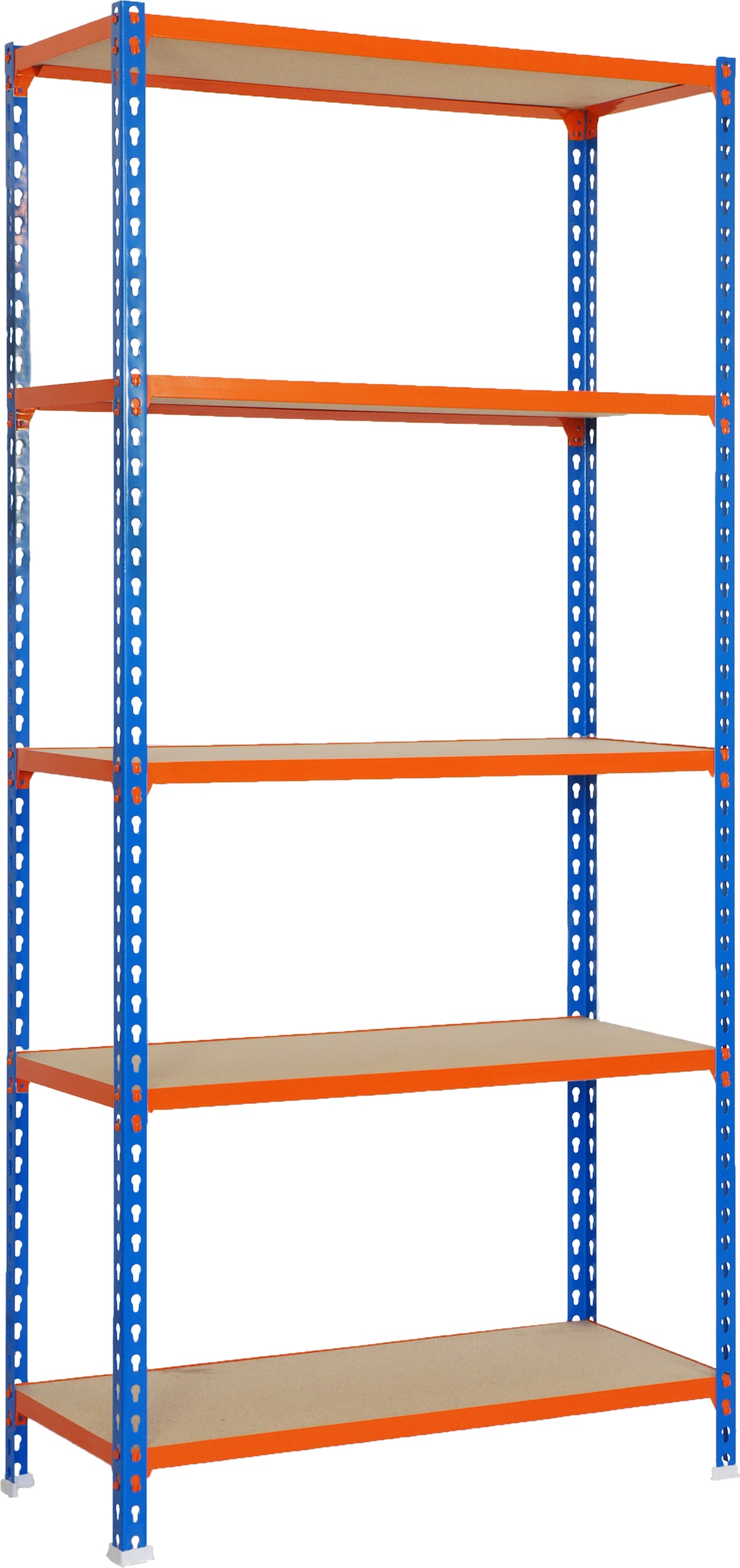 SimonRack Estantería Metálica, 2000x1200x400 mm, 5 Alturas, Bandeja Madera, 200 kg de Punto Flexión, Azul/Naranja/Madera - Maderclick
