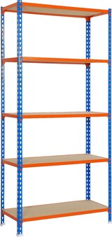 thumbnail of SimonRack Estantería Metálica, 2000x1200x400 mm, 5 Alturas, Bandeja Madera, 200 kg de Punto Flexión, Azul/Naranja/Madera - Maderclick