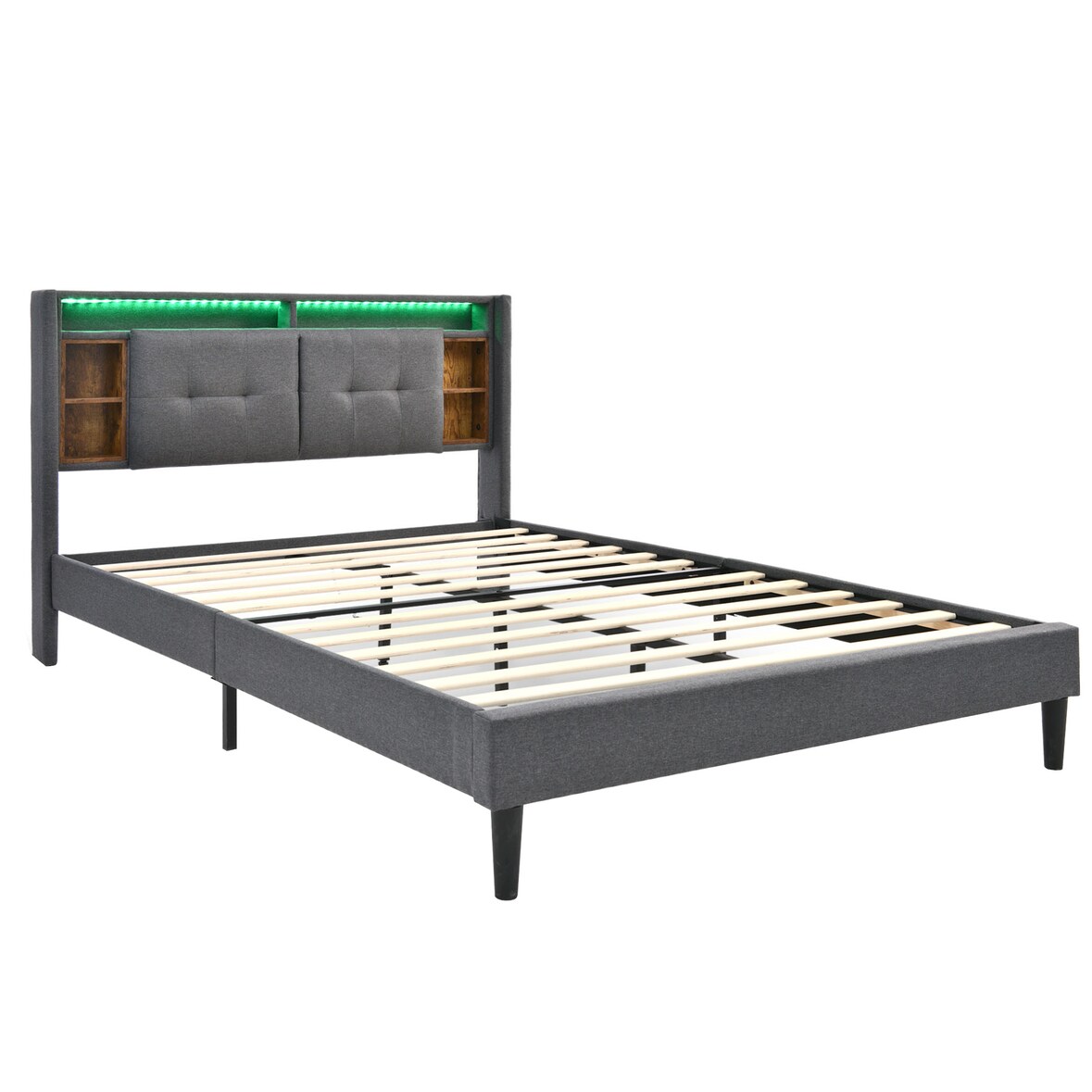 Merax LED Doppelbett 160x200 Polsterbett aus Leinen mit Stauraum-Kopfteil @ 2 Steckdosen @ 2 USB & Lattenrost Grau