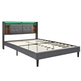 thumbnail of Merax LED Doppelbett 160x200 Polsterbett aus Leinen mit Stauraum-Kopfteil @ 2 Steckdosen @ 2 USB & Lattenrost Grau