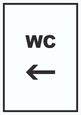 thumbnail of WC Schild mit Text und Richtungspfeil links Toilette Klo hochkant A3 Rückseite selbstklebend
