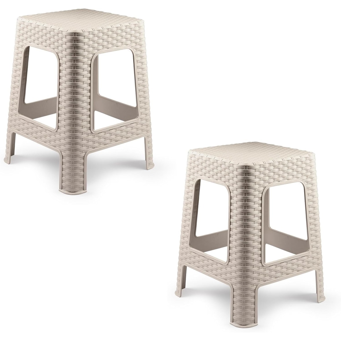 2 bancos de plástico empilháveis ​​modernos estilo rattan para ambientes internos e externos - 36x36x45cm (2, bege)