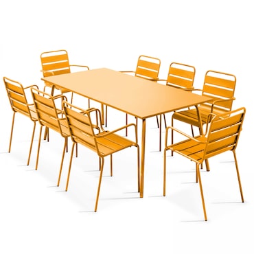 Oviala Tuintafel 180x90 Cm – Groen Metalen Frame Met Houtachtig Blad, Verstelbare Poten, Voor 8 Personen, Weerbestendig En Stijlvol