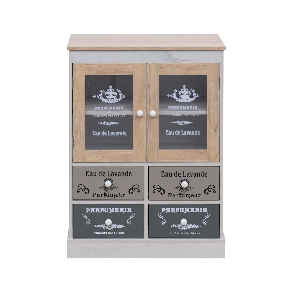 Rebecca Mobili Mobiletto Vetrinetta Shabby con 4 Cassetti 2 Ante in Legno Bianco Beige Grigio