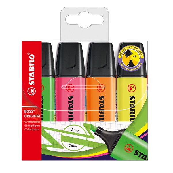 STABILO Pochette de 4 surligneurs BOSS ORIGINAL jaune vert orange rose