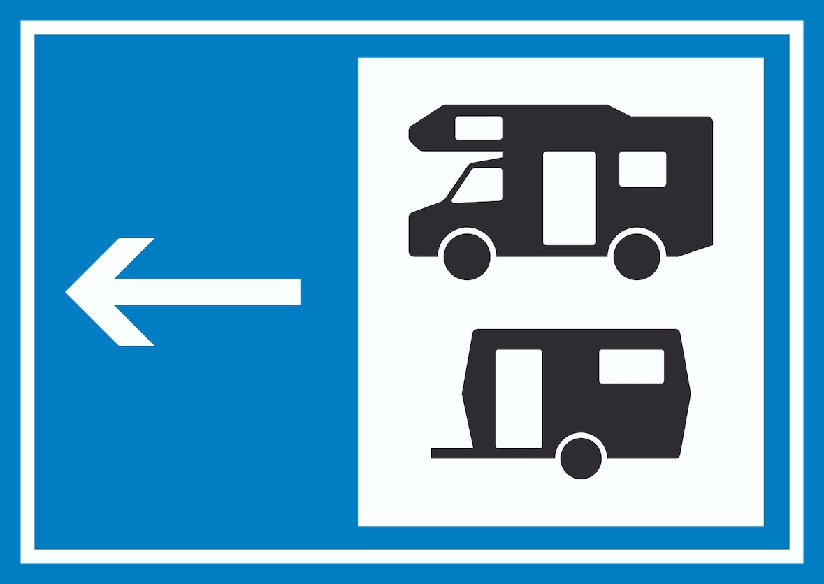 Wohnmobil- und Wohnwagenplatz links Symbol Schild A3 Rückseite selbstklebend