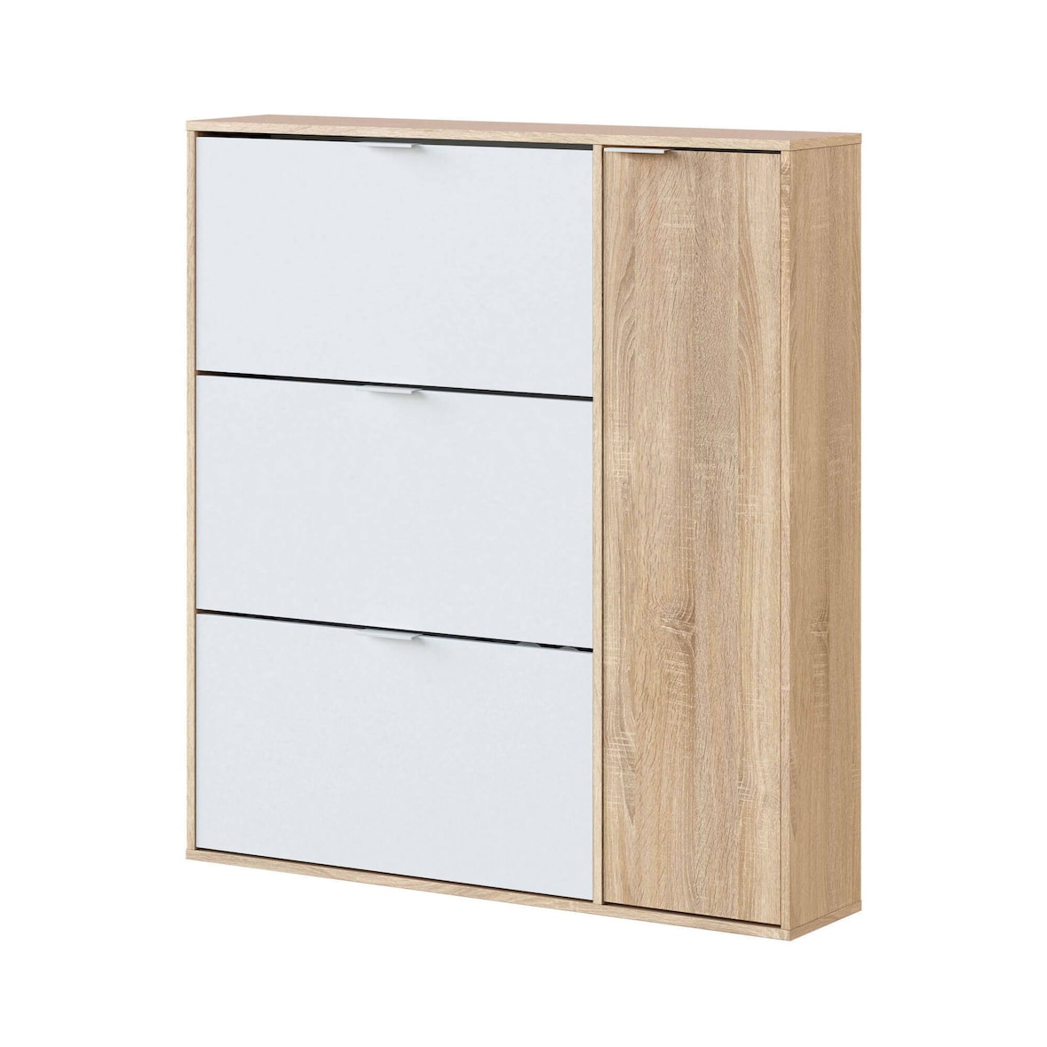 Dmora Scarpiera Provo, Armadio portascarpe a 4 ante, Mobile basso multiuso con 5 ripiani, Scarpiera moderna, 106x22h115 cm, Rovere e Bianco
