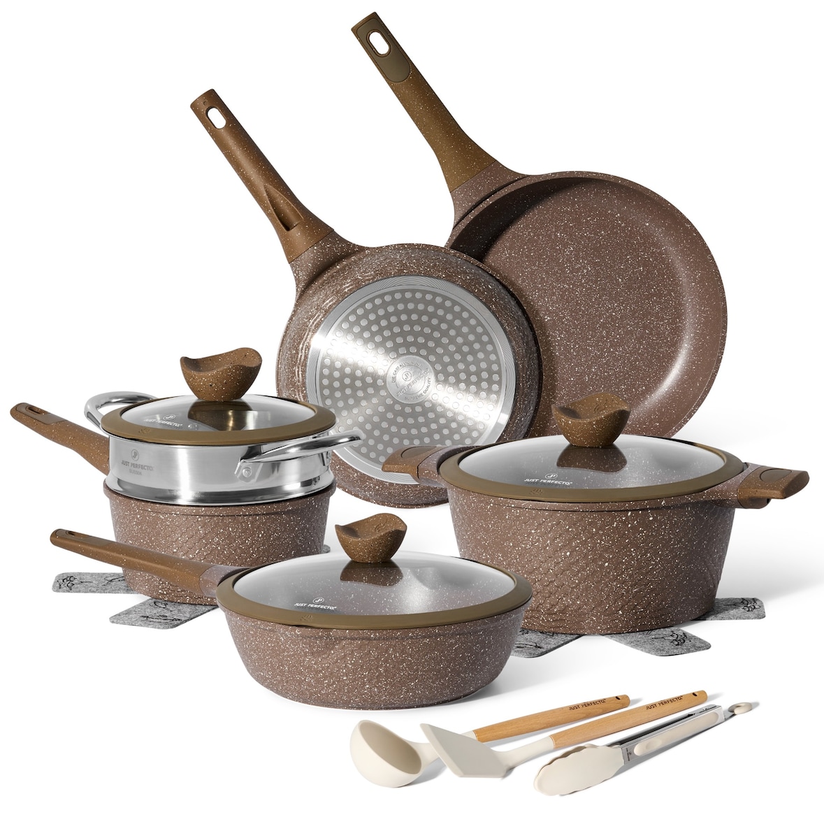 Batterie de cuisine 14 pièces avec cuiseur à vapeur Antiadhésif en Granit marron Just perfecto JL-26 usage non-intensif Just Perfecto