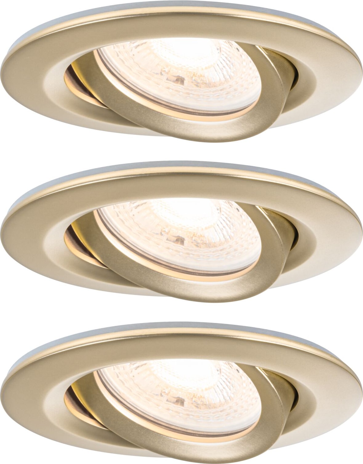 Drei schwenkbare Einbaustrahler mit goldenem Finish.