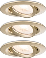 Drei schwenkbare Einbaustrahler mit goldenem Finish.