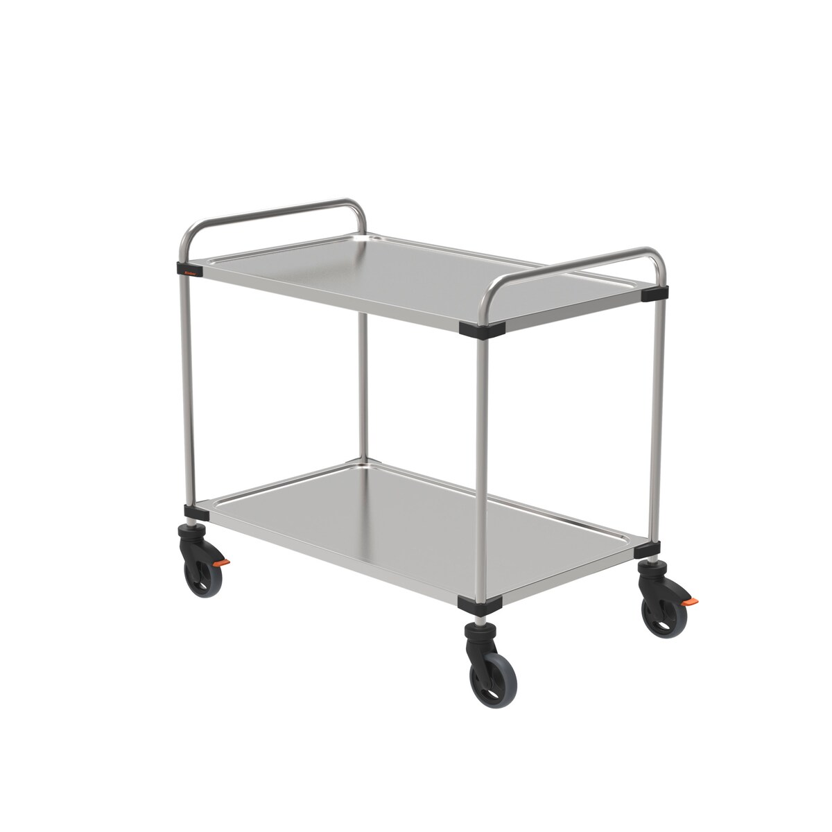 Rieber Servierwagen aus Edelstahl, leichte Ausführung, Rundrohr-Schiebebügel, 2 Borde, Bordgröße 1000 x 600 mm, montiert, luftidentische Rollen