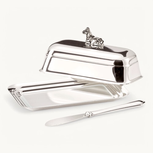 Butterdose Kuh 18x13 cm, Silberglanz, mit Buttermesser