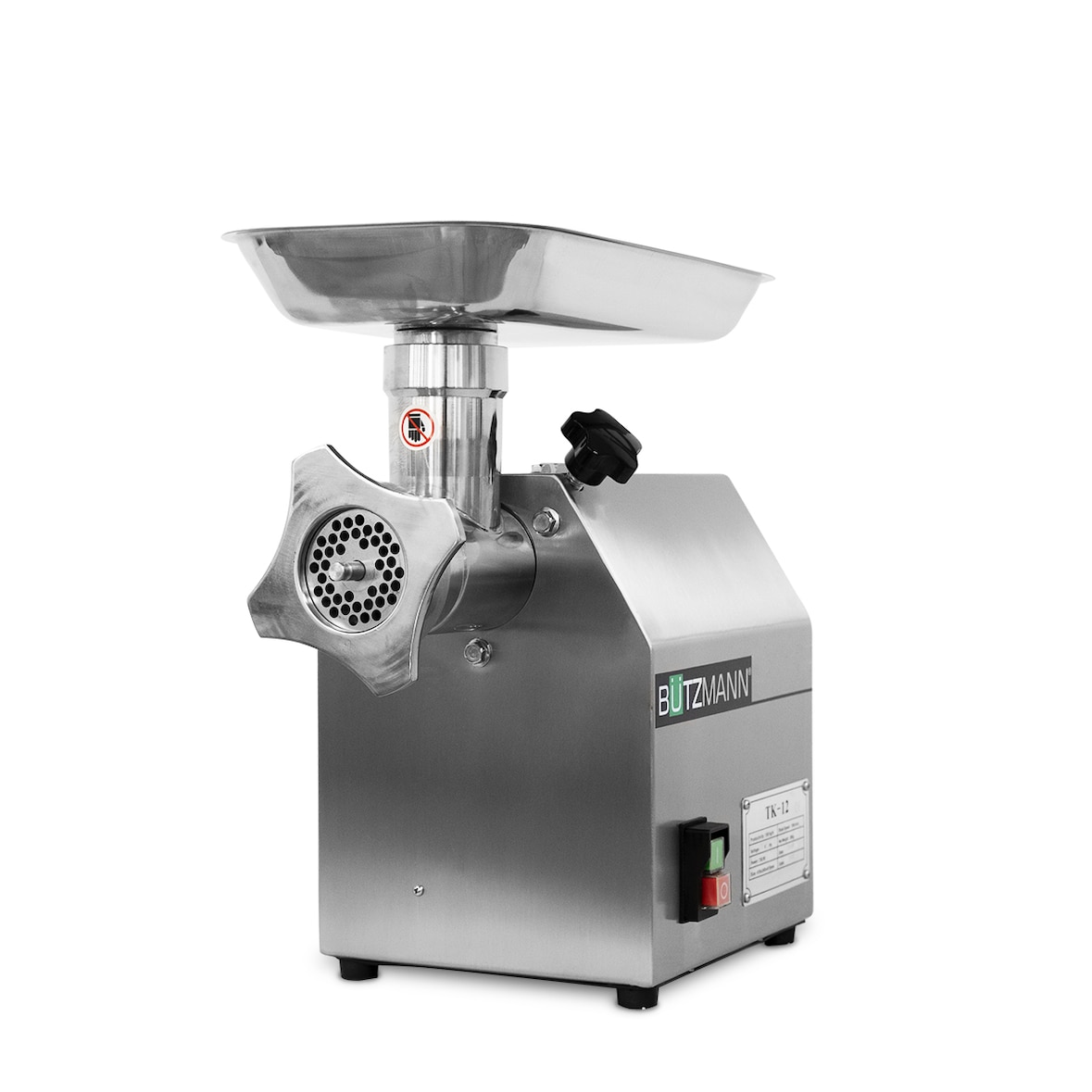 Picadora de carne profesional Bützmann BTK-12 de boca 12. Producción de hasta 150 Kg/h. Con interruptor Marcha-Paro, el único válido para la CE.