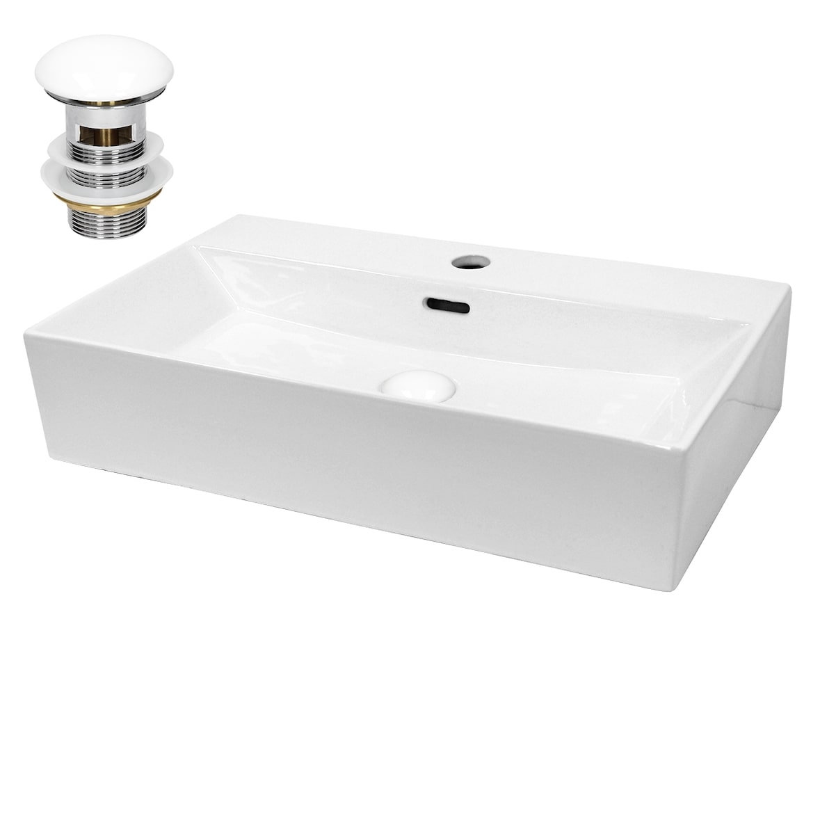 ECD Germany Einbau-/Aufsatzwaschbecken Keramik Weiß 605×365×130 mm, eckig, mit Überlauf, inkl. Ablaufgarnitur