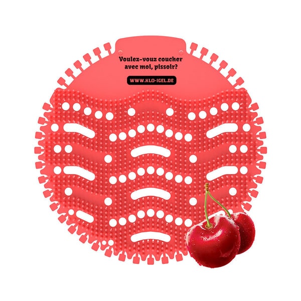 12x Klo-Igel Urinaleinleger (Pissoirsieb, Pissoireinsatz, Urinalsieb) Kirsche: "Voulez-vouz coucher avec moi, pissoir?"